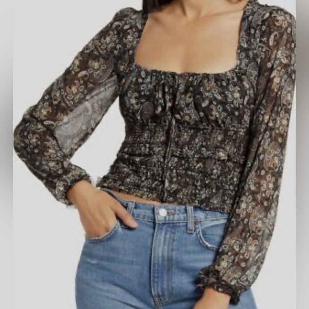Free People Lolita Dark Floral Paisley Sheer Balloon Sleeves, Smocked Top Small